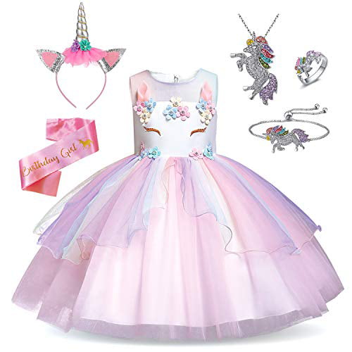 HenzWorld Little Girls Dresses Outfits Unicorn Costume Clothes Princess Dress Up Birthday Party Jewelry Accessories 3-7 Years 